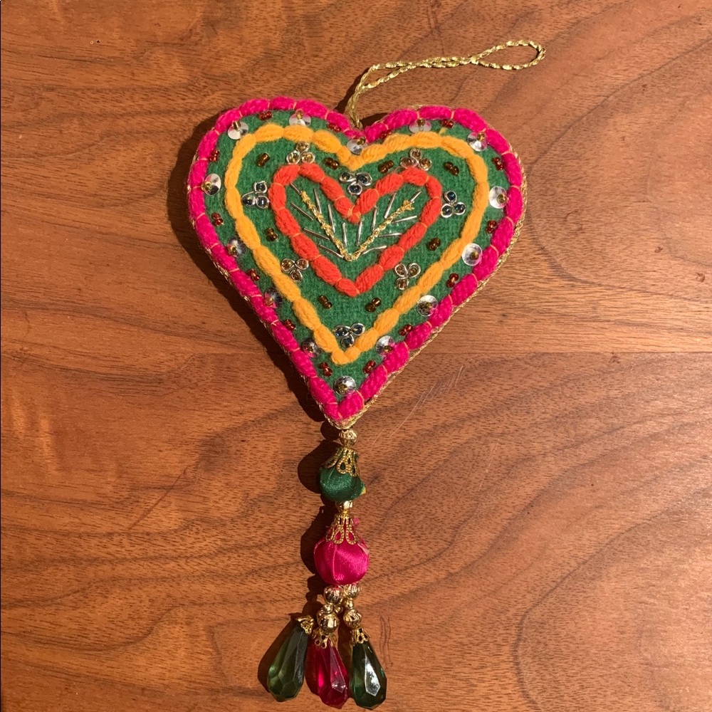 Swedish felted, beaded heart with cut glass beads.